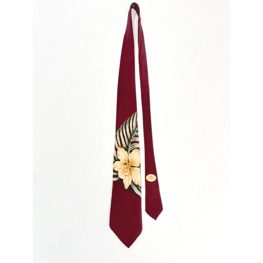 Tommy Bahama Mens Silk Tie Maroon Burgundy Tropical Floral Orchid Palm Leaf USA‎
